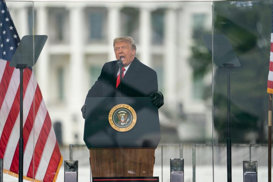 President Donald Trump speaks during a rally protesting the electoral college certification of Joe Biden as president, Wednesday, Jan. 6, 2021, in Washington.