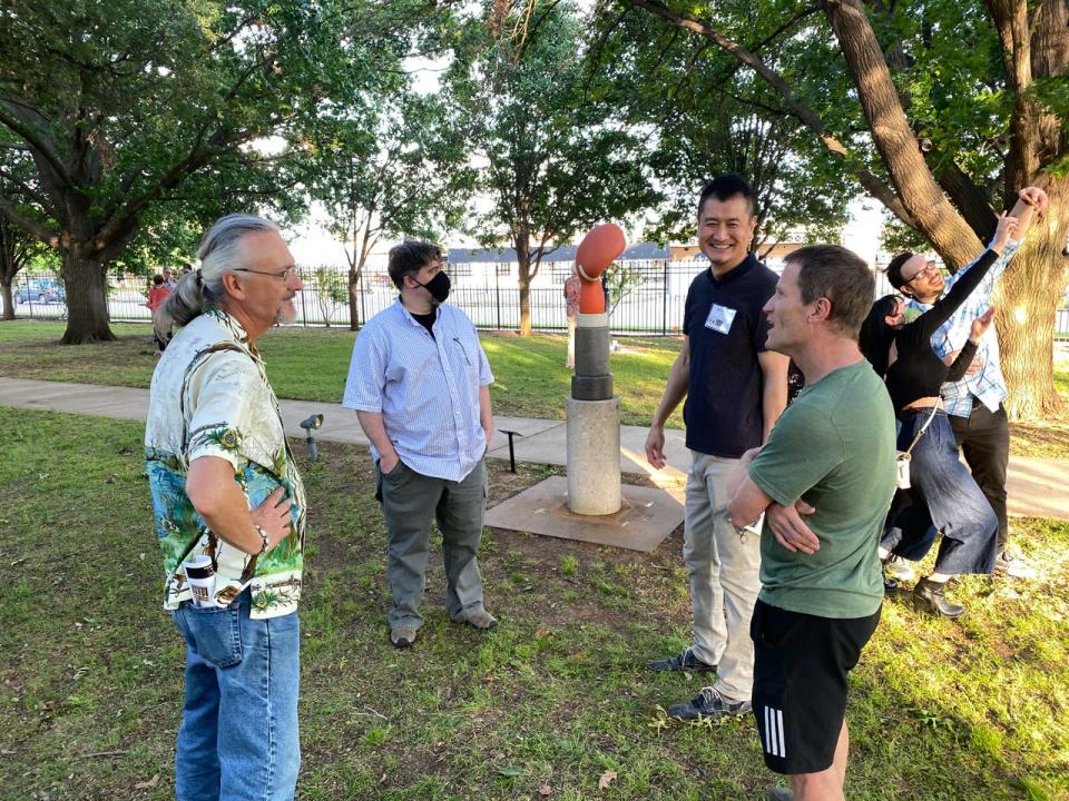 From left, then-exhibit juror Robbie Barber talks to MSU art professors Suguru Hiraide and Steve Hilton at the 2021 Sculpture Garden Exhibit (17th) at the Kemp Center of the Arts. Everyone is welcome to attend the opening of the 18th Annual Sculpture Garden Exhibit from 6:30 to 8:30 p.m. Saturday at the Kemp. Nine of the 10 featured sculptors will be in attendance. Admission is free.