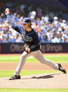 Tampa Bay Rays starting pitcher Shane Baz throws to a Toronto Blue Jays batter in the first inning of a baseball game in Toronto, Sunday, July 3, 2022. (Jon Blacker/The Canadian Press via AP)