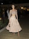 <p>In a nude sheer crop top with long sleeves, tonal flared skirt, closed to pumps and metallic leather handle bag at the Dior Dinner during the 72nd annual Cannes Film Festival. </p>