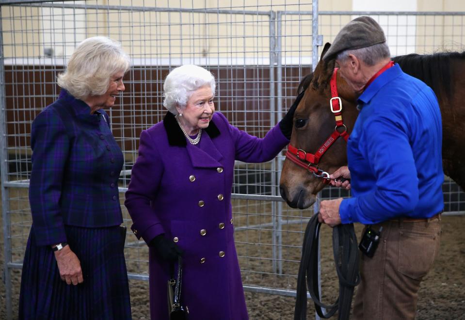 Duchess Camilla, wife of Prince Charles, and Queen Elizabeth II attend a horse-whispering demonstration by Monty Roberts at Buckingham Palace on Oct. 21, 2015, in London.