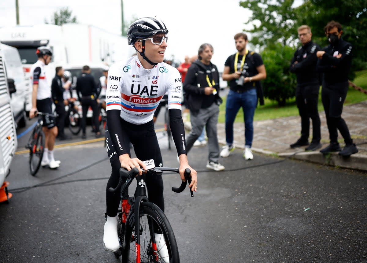 Tadej Pogacar heads out on a practice ride in Bilbao on Friday (Reuters)