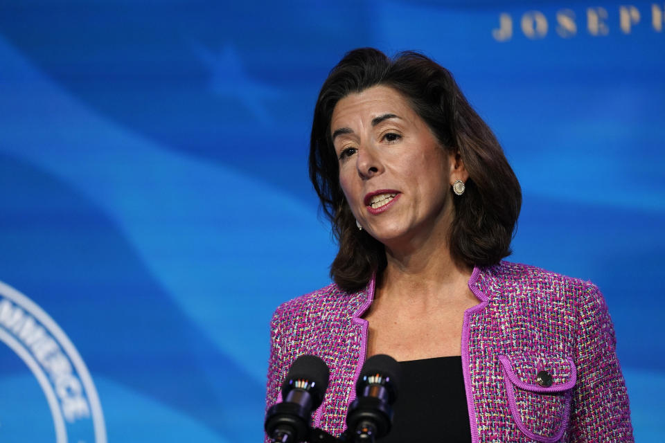 President-elect Joe Biden's nominee for Secretary of Commerce, Rhode Island Gov. Gina Raimondo speaks during an event at The Queen theater in Wilmington, Del., Friday, Jan. 8, 2021. (AP Photo/Susan Walsh)