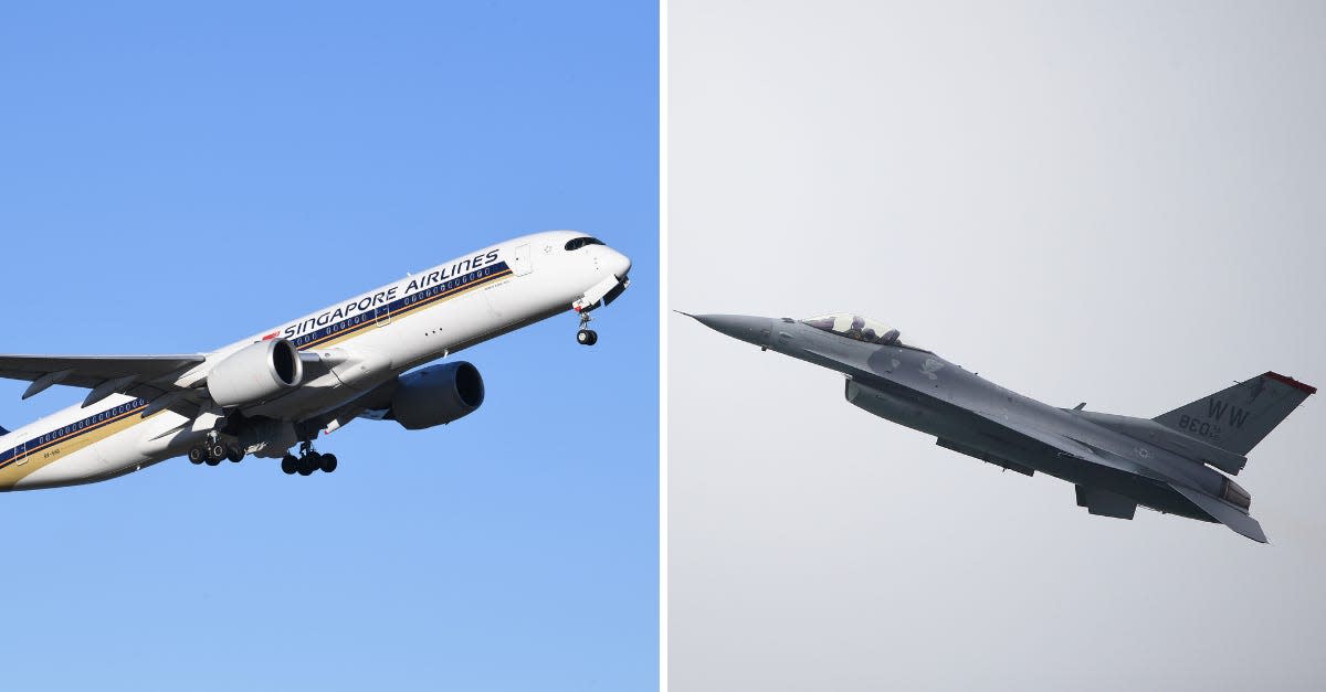 A composite image of a Singapore Airlines plane and an F-16 fighter jet
