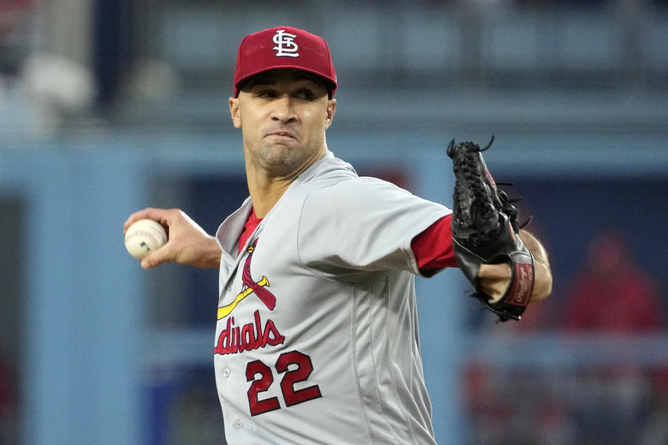 St. Louis Cardinals starting pitcher Jack Flaherty throws to the plate during the first inning of a baseball game against the Los Angeles Dodgers Friday, April 28, 2023, in Los Angeles. (AP Photo/Mark J. Terrill)