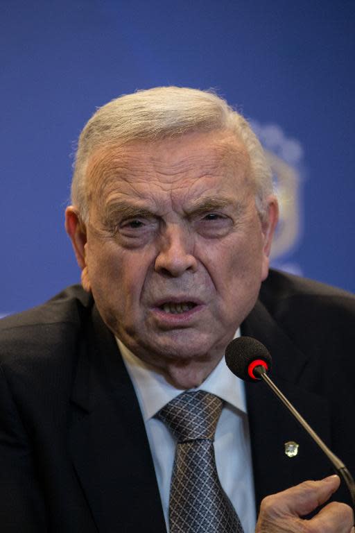 A picture taken on August 19, 2014 in Rio shows president of the Brazilian Football Confederation (CBF), Jose Maria Marin giving a press conference