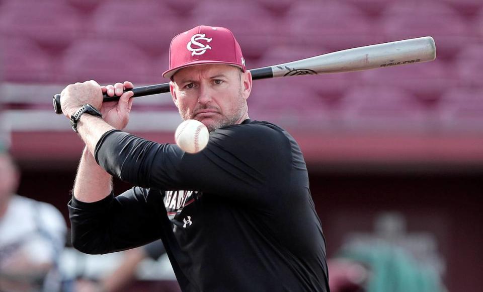 South Carolina baseball associate head coach Monte Lee at a practice at Founders Park ahead of the 2023 season.