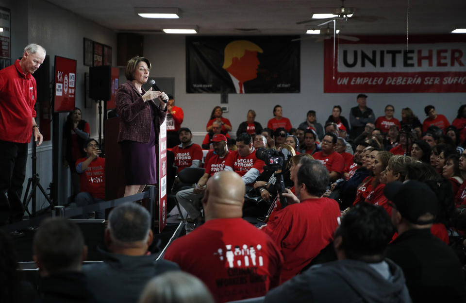 Democratic presidential candidate Sen. Amy Klobuchar, D-Minn., speaks at a culinary workers union hall Saturday, Jan. 11, 2020, in Las Vegas. (AP Photo/John Locher)