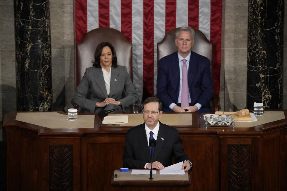 Vice President Kamala Harris and Speaker of the House Kevin McCarthy, R-Calif. listen as Isaac Herzog, President of Israel, addresses a Joint Meeting of Congress on July 19, 2023. Herzog is only the second Israeli President to address a Joint Meeting of Congress. His father, Chaim Herzog, addressed Congress when he was President of Israel in 1987.