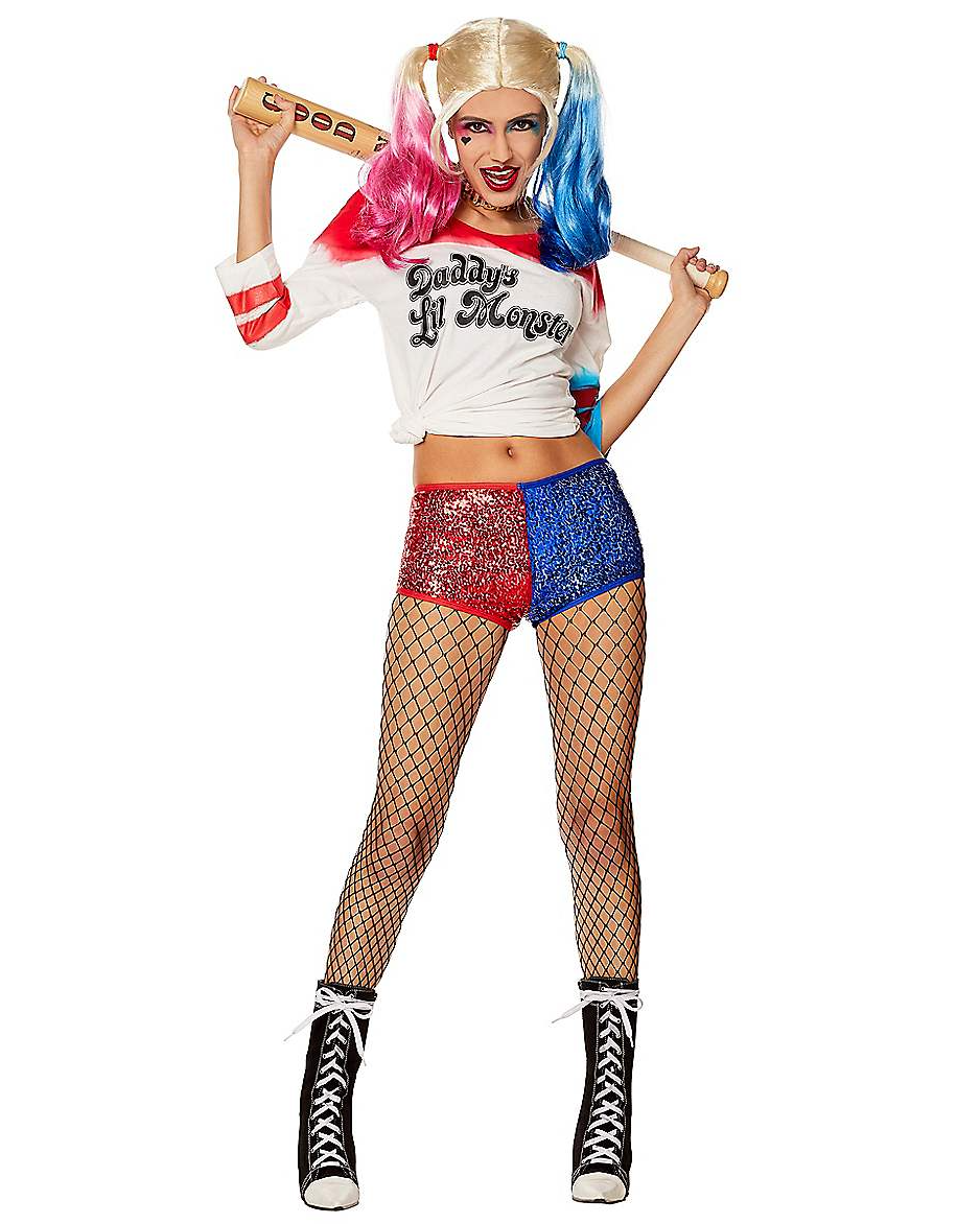 model wearing long red and blue pigtail blonde wig, red and white shirt that says "daddy's lil monster", mini red and blue sparkly shorts and tie up boots