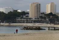 A woman and her dog stroll at the beach in the holiday resort of Magaluf, on the Spain's island of Mallorca, January 27, 2016. REUTERS/Enrique Calvo