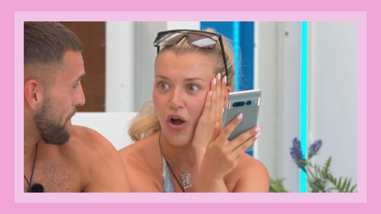  Molly Marsh holding a phone and looking shocked alongside Zach, in the Love Island villa for an article on 'Is Molly Marsh coming back' / in a pink template 