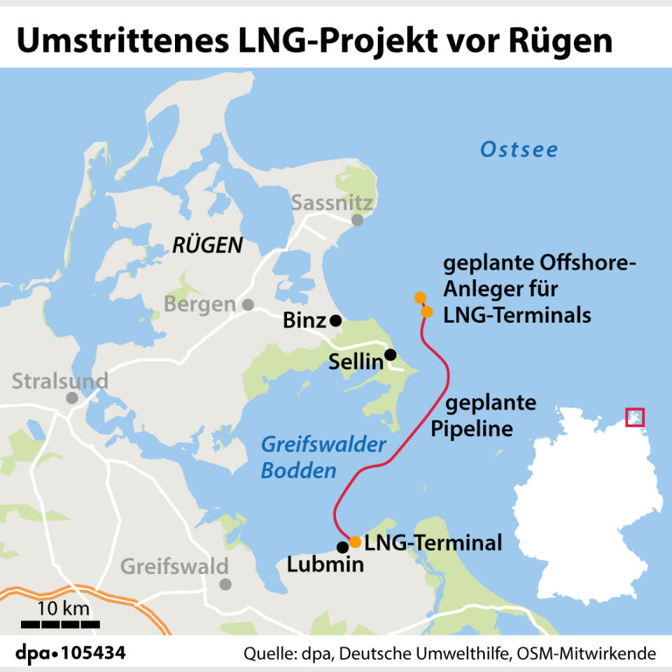 Verortung des umstrittenen LNG-Projekts vor Rügen (Grafik: A. Brühl, Redaktion: J. Schneider, dpa)