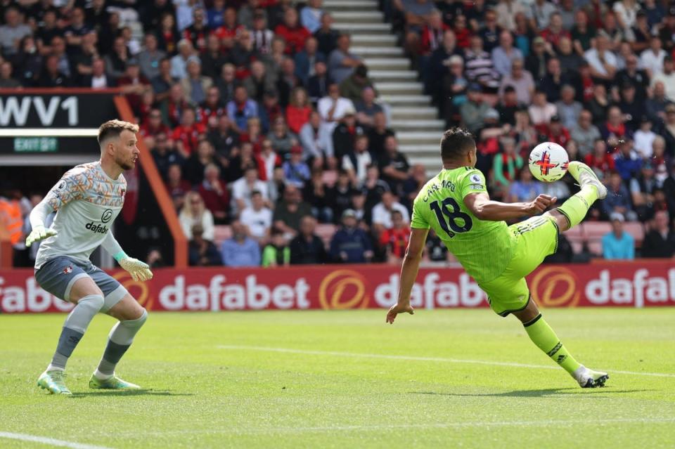 The moment: A brilliant free-kick from Casemiro was enough to beat Bournemouth (REUTERS)