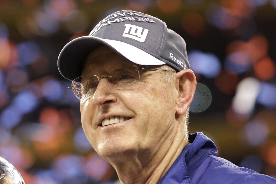 FILE - New York Giants head coach Tom Coughlin smiles after his team's 21-17 win over the New England Patriots in the NFL Super Bowl XLVI football game, Feb. 5, 2012, in Indianapolis. Versatile running back Roger Craig, and two-time Super Bowl-winning coaches Tom Coughlin and Mike Shanahan advanced to the next stage of consideration for the Pro Football Hall of Fame. The selection committees cut down the list of candidates from 31 seniors and 29 coaches and contributors to 12 in each category in results announced Thursday. (AP Photo/David J. Phillip, File)