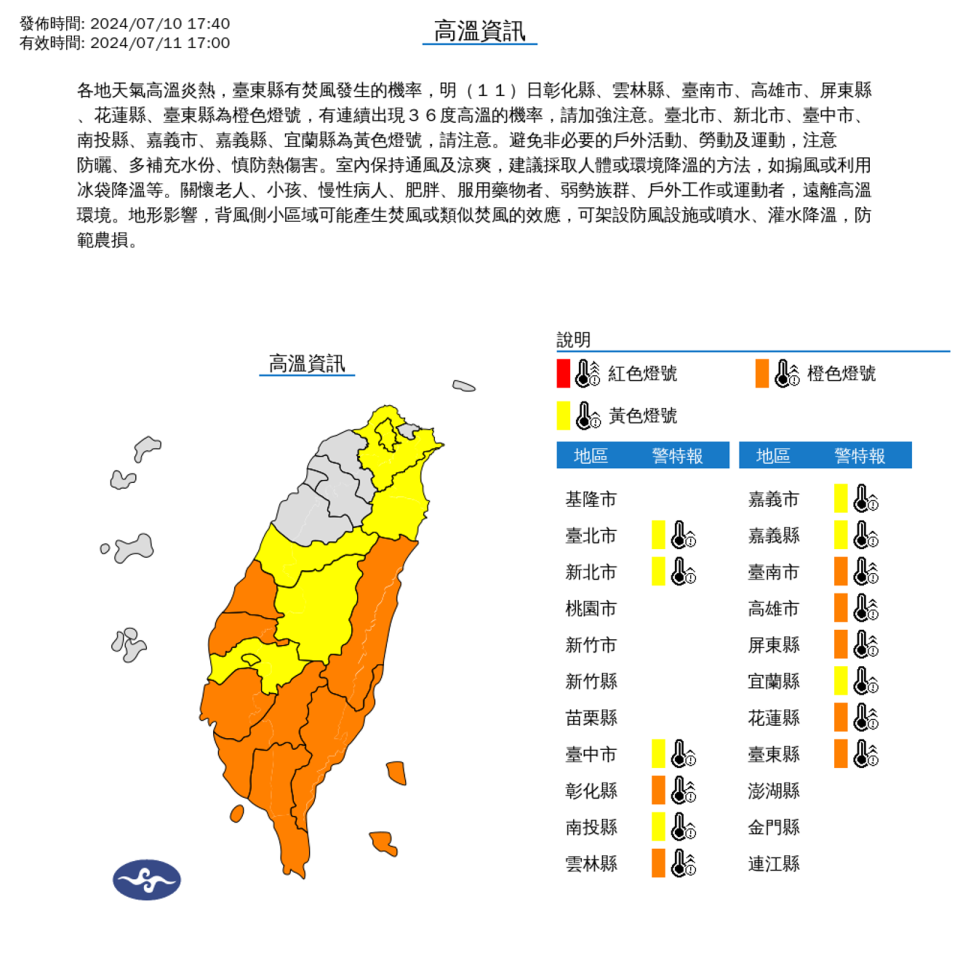 氣象署針對14縣市發布高溫資訊。（中央氣象署提供）