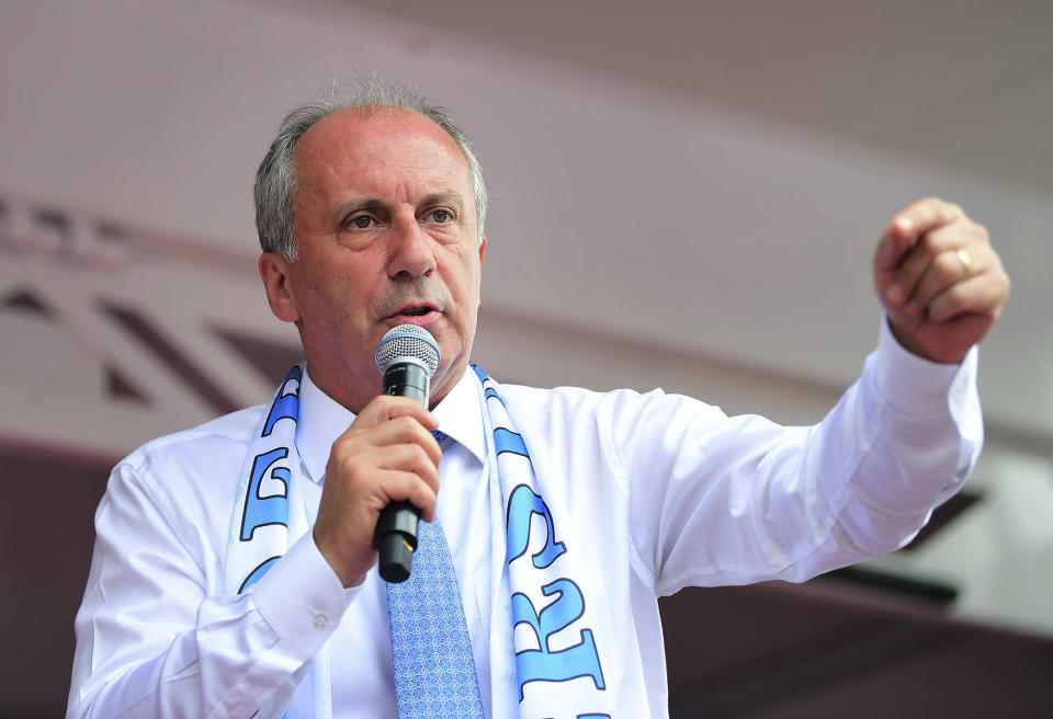 Muharrem Ince, the presidential candidate of Turkey’s main opposition Republican People’s Party, delivers a speech at a rally in Tunceli, Turkey, on Sunday. Ince is seen as a strong contender to end President Recep Tayyip Erdogan’s 16 years of rule in the country’s upcoming election. (Photo: CHP Press Service via AP)