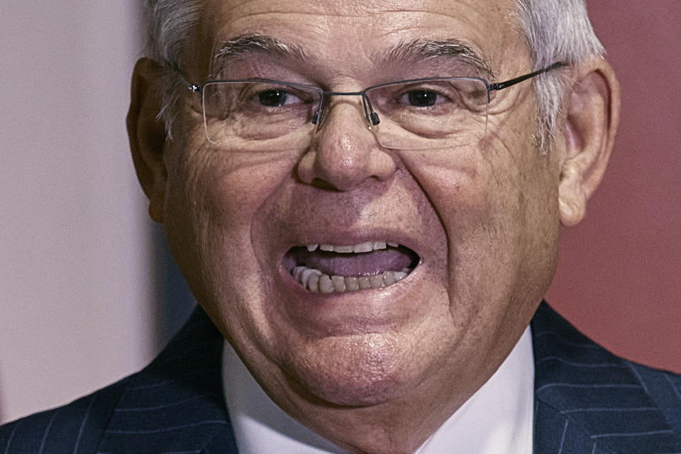 Sen. Bob Menendez speaks during a press conference on Monday, Sept. 25, 2023, in Union City, N.J. Menendez and his wife have been indicted on charges of bribery. (AP Photo/Andres Kudacki)