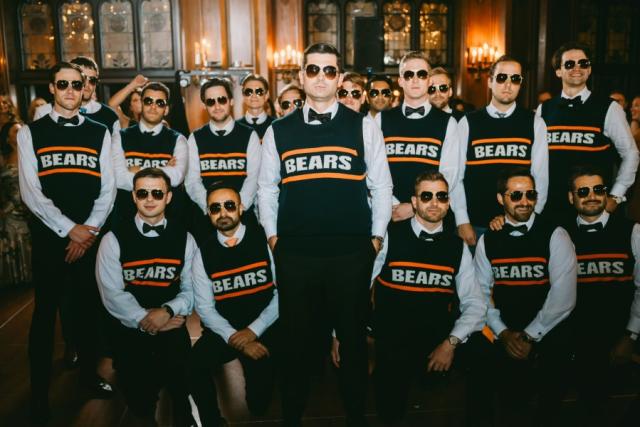 Groom and his groomsmen dress up like Mike Ditka. Again.