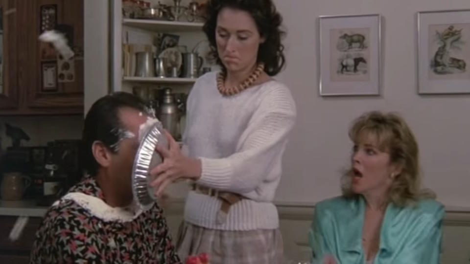 Meryl Streep shoves a pie in Jack Nicholson's face in Heartburn