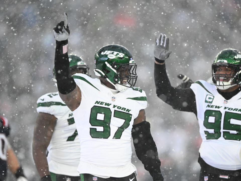 Jan 7, 2024; Foxborough, Massachusetts, USA; New York Jets defensive end Jalyn Holmes (97) reacts after a sack against New England Patriots quarterback <a class="link " href="https://sports.yahoo.com/nfl/players/34093/" data-i13n="sec:content-canvas;subsec:anchor_text;elm:context_link" data-ylk="slk:Bailey Zappe;sec:content-canvas;subsec:anchor_text;elm:context_link;itc:0">Bailey Zappe</a> (not seen) during the second half at Gillette Stadium. Mandatory Credit: Brian Fluharty-USA TODAY Sports