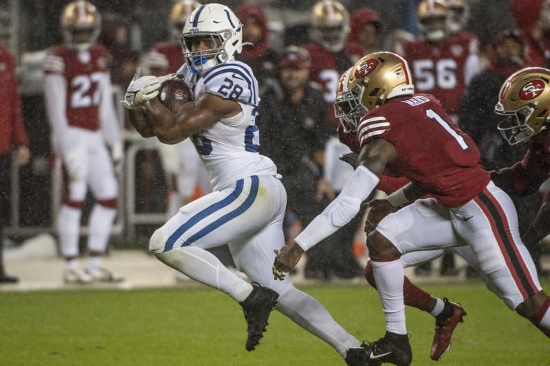 Indianapolis Colts running back Jonathan Taylor totaled 555 yards from scrimmage and five scores through seven games this season. File Photo by Terry Schmitt/UPI