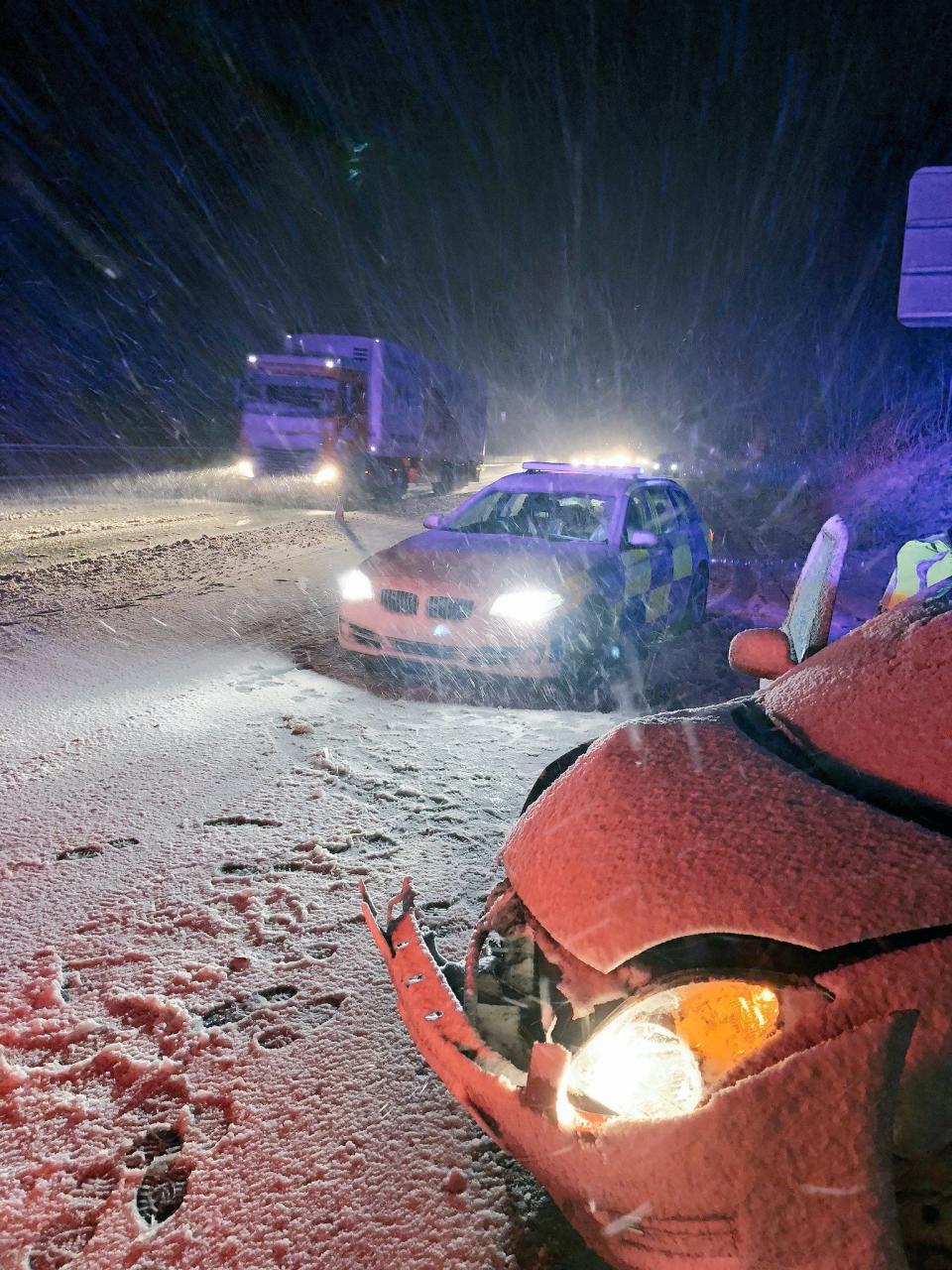 <p>Picture taken from the Twitter feed of Northants Roads and Armed Policing Team of an accident on the M1 after wintry weather swept across the country. The Flood Information Service has also issued 14 warnings, where flooding is expected and immediate action is required, and 96 alerts where flooding is possible and people should be prepared. (PA) </p>