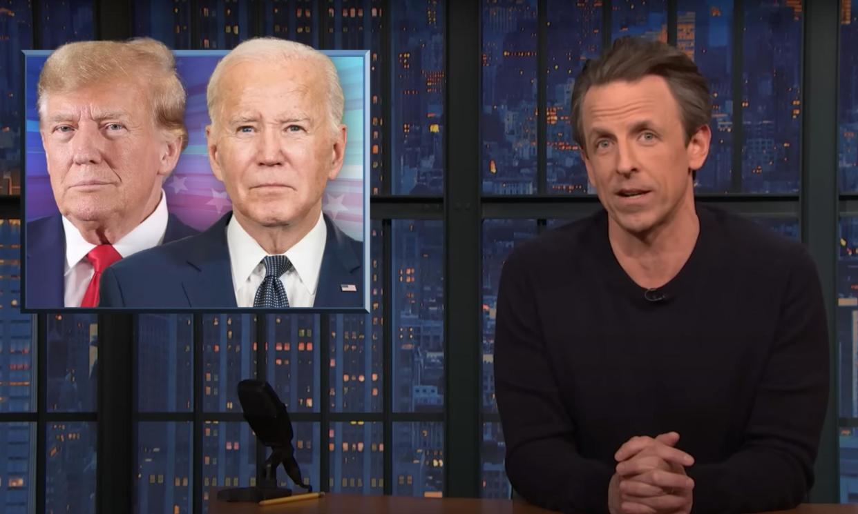 <span>Seth Meyers: ‘Republicans would like us all to believe both that 81-year-old Biden is in cognitive decline and that 77-year-old Trump is somehow sharper than ever.’</span><span>Photograph: YouTube</span>