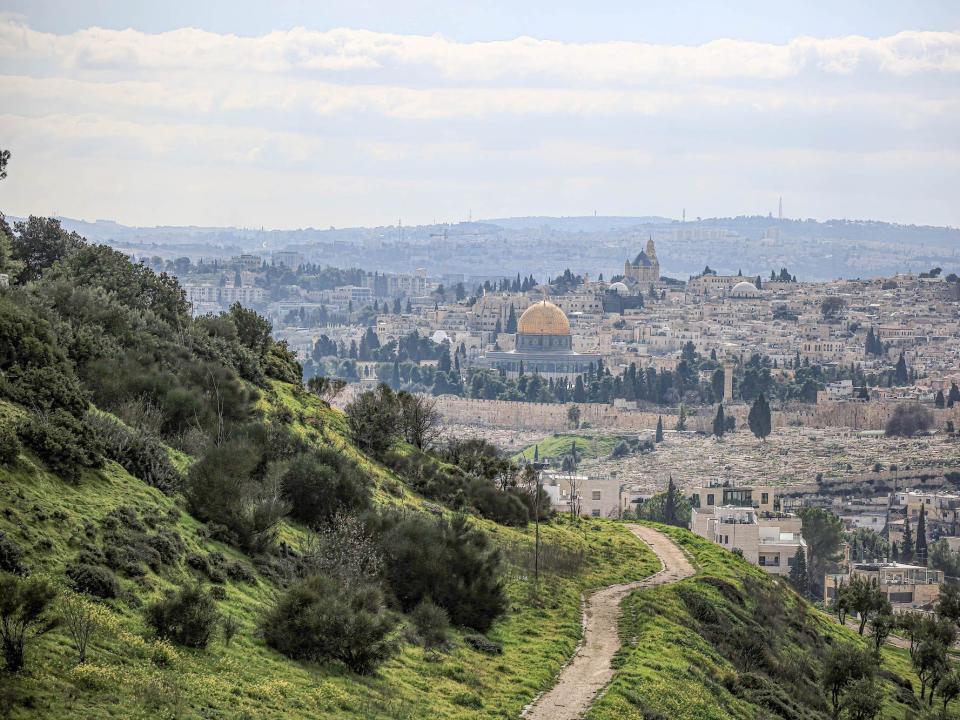 Jerusalem - A view from the Mount of Olives, showing the Old City, the Dome of the Rock Mosque, the Church of Mount Zion, and the Jewish Synagogue.