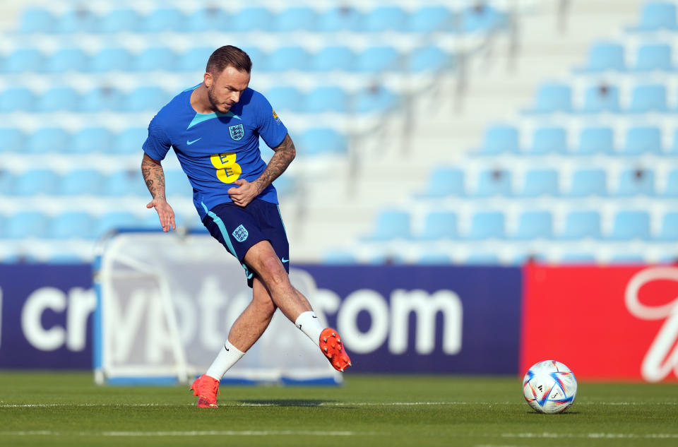 England's James Maddison during a training session at the Al Wakrah Sports Complex, Al Wakrah, Qatar. Picture date: Saturday November 26, 2022. (Photo by Martin Rickett/PA Images via Getty Images)