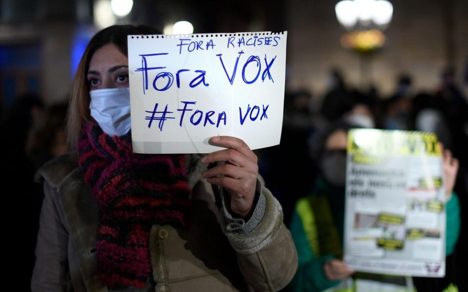 Protesters against far-right Vox party which won 11 seats in Sunday's regional election in Catalonia - AFP