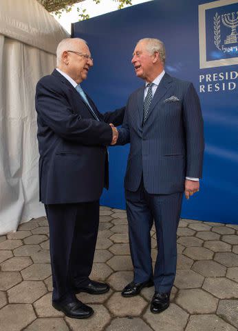 <p>Julian Simmonds-Pool/Getty Images</p> King Charles is welcomed by Israeli President Reuven Rivlin to his official residence on January 23, 2020 in Jerusalem, Israel.