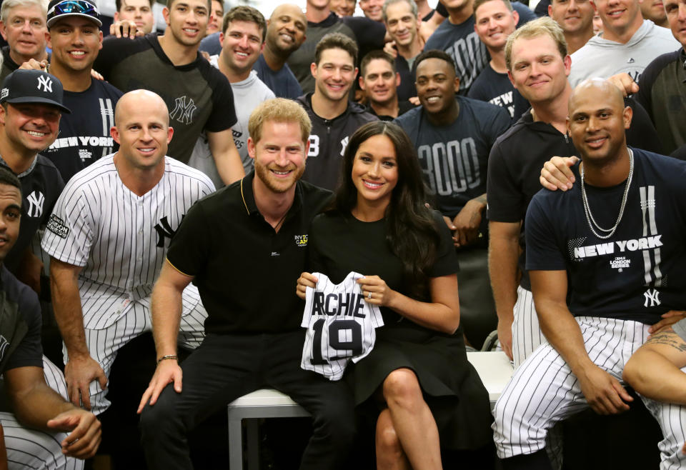 Harry and Meghan join the New York Yankees in their clubhouse and receive gifts for Archie ahead of their match against the Boston Red Sox at the London Stadium.