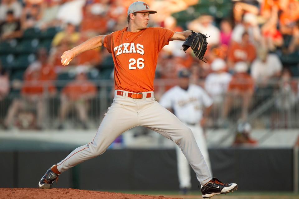 Taylor Jungmann delivers a pitch against Kent State at Disch-Falk Field in 2011. Jungmann ranks in the top 10 in UT's record books for career strikeouts (356, sixth), ERA (1.85, seventh) and wins (32, 10th).