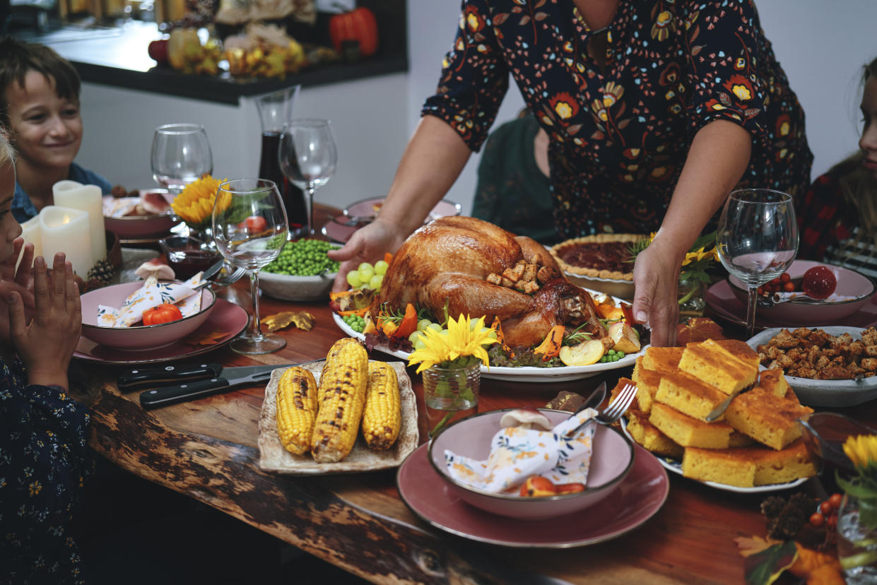 Stuffed Turkey for Thanksgiving Holidays with Pumpkin, Peas, Pecan Pie and Other Ingredient