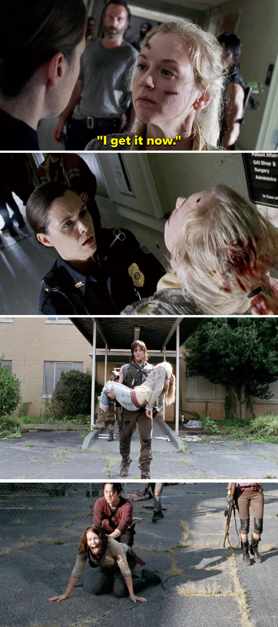 Beth saying, "I get it now" before dying and Maggie crying as Daryl carries Beth's body