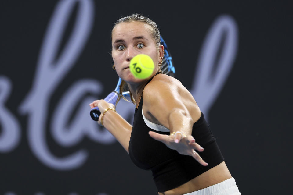 Sofia Kenin of the U.S. plays a shot in her match against Arina Rodionova of Australia during the Brisbane International tennis tournament in Brisbane, Australia, Tuesday, Jan. 2, 2024. (AP Photo/Tertius Pickard)