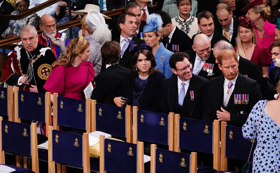 <p>(From L) Britain's Prince Andrew, Duke of York, Britain's Princess Beatrice of York, Peter Phillips, Edoardo Mapelli Mozzi, Zara Tindall, Princess Eugenie, Jack Brooksbank, Mike Tindall and Britain's Prince Harry, Duke of Sussex at Westminster Abbey in central London on May 6, 2023, attend the coronations of Britain's King Charles III and Britain's Camilla, Queen Consort. - The set-piece coronation is the first in Britain in 70 years, and only the second in history to be televised. Charles will be the 40th reigning monarch to be crowned at the central London church since King William I in 1066. Outside the UK, he is also king of 14 other Commonwealth countries, including Australia, Canada and New Zealand. Camilla, his second wife, will be crowned queen alongside him, and be known as Queen Camilla after the ceremony. (Photo by Yui Mok / POOL / AFP) (Photo by YUI MOK/POOL/AFP via Getty Images)</p> 