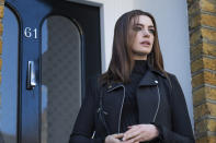 This image released by HBO Max shows Anne Hathaway in a scene from "Lockdown." (Susie Allnutt/HBO Max via AP)