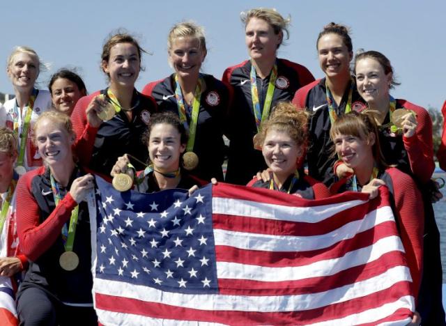 The U.S. women&#39;s eight rowing team celebrates after winning Olympic gold Saturday. (AP)