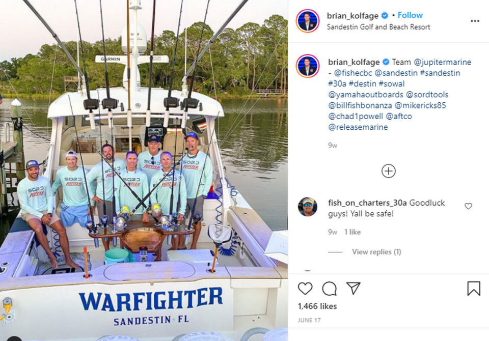 A photo from Brian Kolfage’s Instagram profile showing a boat named Warfighter.