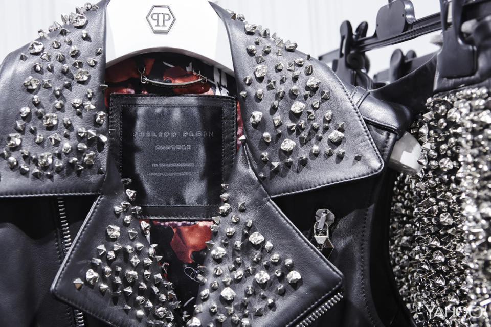 A studded-collar black leather jacket at Plein’s showroom in Milan. (Photo: Matteo Cherubino.)