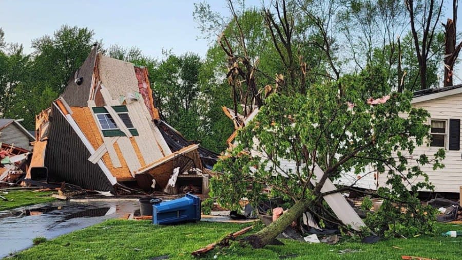 Tornado damage at Oak Brook Estates in Portage at the corner of Lovers Lane and Romence Road on May 7, 2024. (Courtesy Mary Malone)
