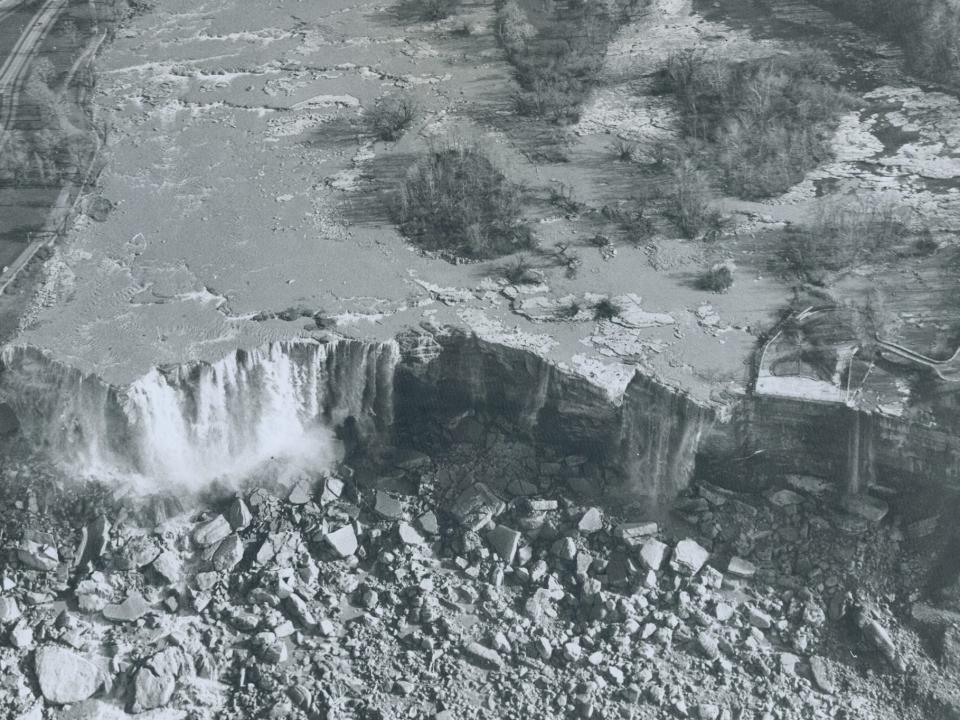 An aerial view of the trickle of water from the American Falls as water from the Niagara River was diverted to the Canadian Falls.