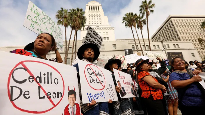 Hundreds of people from L.A.&#39;s Oaxacan community, along with prominent leaders from Indigenous communities across California, protesting at City Hall 