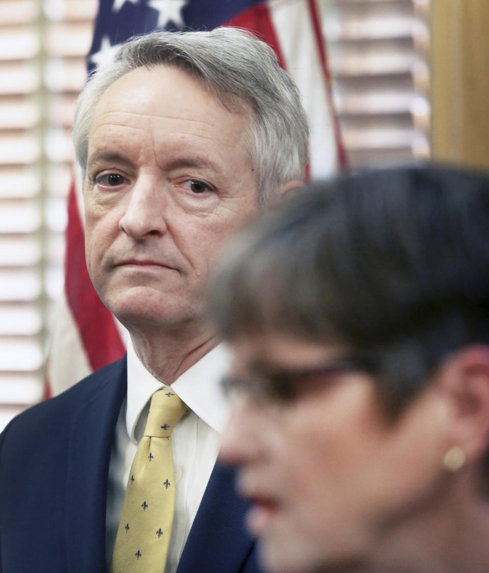 Jeffry Jack is shown in this March 15, 2019 photo. Democratic Gov. Laura Kelly has withdrawn Jack's nomination to the Kansas Court of Appeals on Tuesday, March 19, 2019 in the face of opposition in the Republican-controlled state Senate. (Thad Allton/The Topeka Capital-Journal via AP)