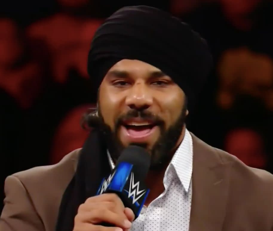 Jinder Mahal delivered a prewritten promo that was laced with racist stereotypes. (Photo: WWE)