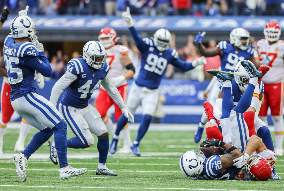 INDIANAPOLIS, IN - SEPTEMBER 25: Rodney McLeod #26 of the Indianapolis Colts makes the game saving interception against the Kansas City Chiefs at Lucas Oil Stadium on September 25, 2022 in Indianapolis, Indiana. (Photo by Michael Hickey/Getty Images)