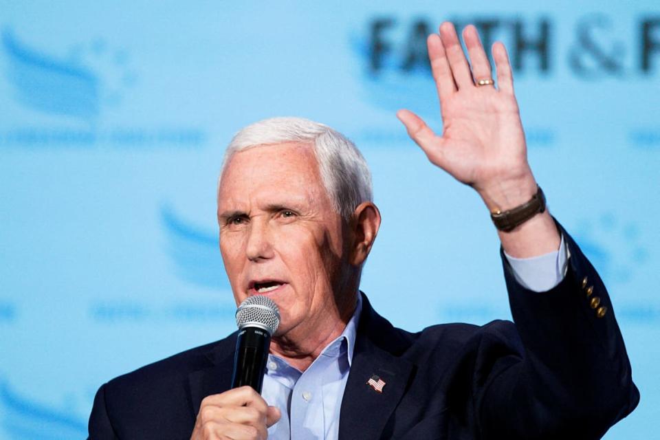 <div class="inline-image__caption"><p>Former U.S. Vice President Mike Pence speaks at the Iowa Faith & Freedom Coalition Spring Kick-off in West Des Moines, Iowa, U.S. April 22, 2023. </p></div> <div class="inline-image__credit">Eduardo Munoz/Reuters</div>