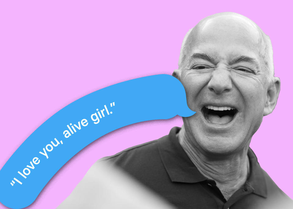 Jeff Bezos with a droopy text message bubble next to his mouth that reads 